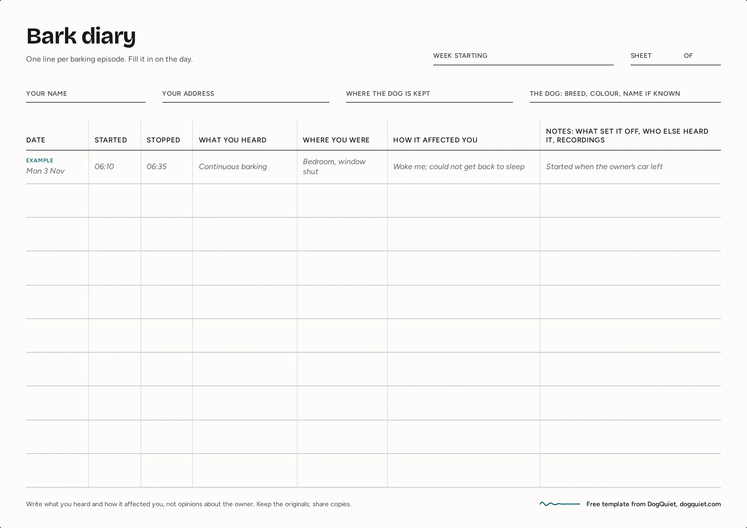 Preview of the printable bark diary: a landscape sheet with fields for the week, your details and the dog, then a table with columns for date, start and stop time, what you heard, where you were, how it affected you and notes.